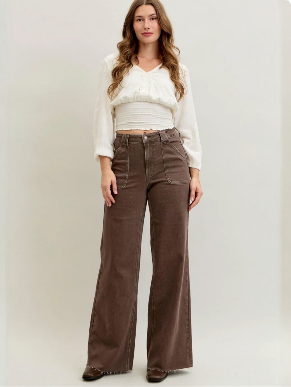 Judy Blue High Waist Retro Wide Leg Jeans Brown Raw Hem 7/28